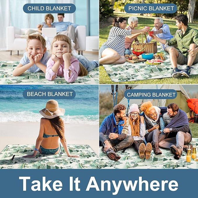 Blue and White Ancient Chinese Folk Chinoiserie Style Waterproof Outdoor Picnic Blanket Sandproof Beach Mat for Camping Hiking Grass Travelling