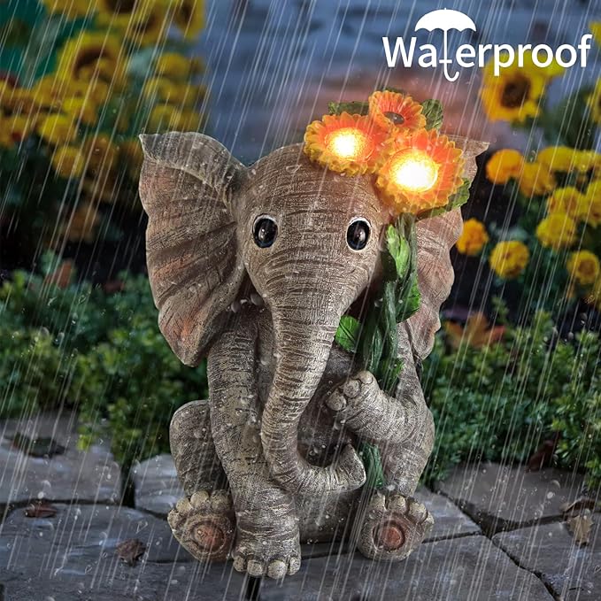 Outdoor Sculpture Figurine Statue Elephant DecorSolar Garden Statues for Patio Home Yard DecorGood Luck Sunflower Elephant for Women Mom Gifts Housewarming Gift