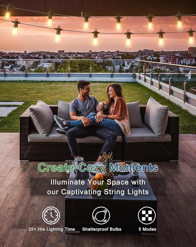 Solar String Lights Outdoor Waterproof 50FT with USB Port and 27 Shatterproof ST38 Bulbs(2 Spare) LED Solar Powered Patio Lights for Outside Porch Backyard Bistro Garden Market - 2200K