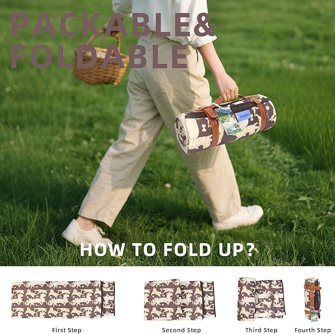Double Thickened Picnic Blanket 80x80 Inches White Fish Pattern Cotton Filled Portable Foldable with Leather Carry Strap Beach and Camping