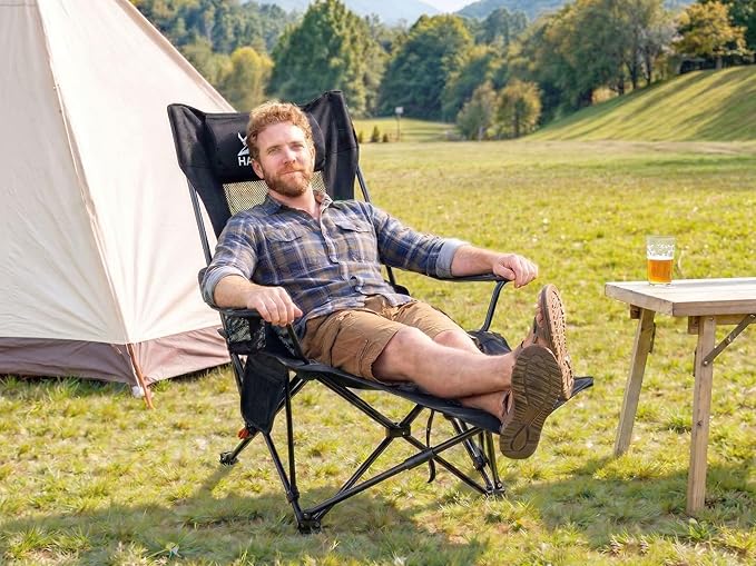HASIKA Reclining Camping Chair with Footrest Ultra-Lightweight Portable Folding Lounge Chair for Outdoor Hiking Picnic Beach 4-Position Adjustable Back Support with Headrest &amp Carry Bag Black
