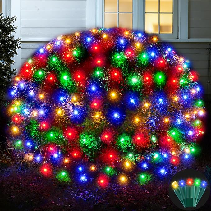 Led Net Lights Christmas Lights Outdoor 200Leds 9ftx6ft Upgraded Multicolor Christmas Net Lighting Waterproof 5mm LED Wide Angle Outdoor Indoor Mesh Net Light for Trees Bushes Shrubs Decorations