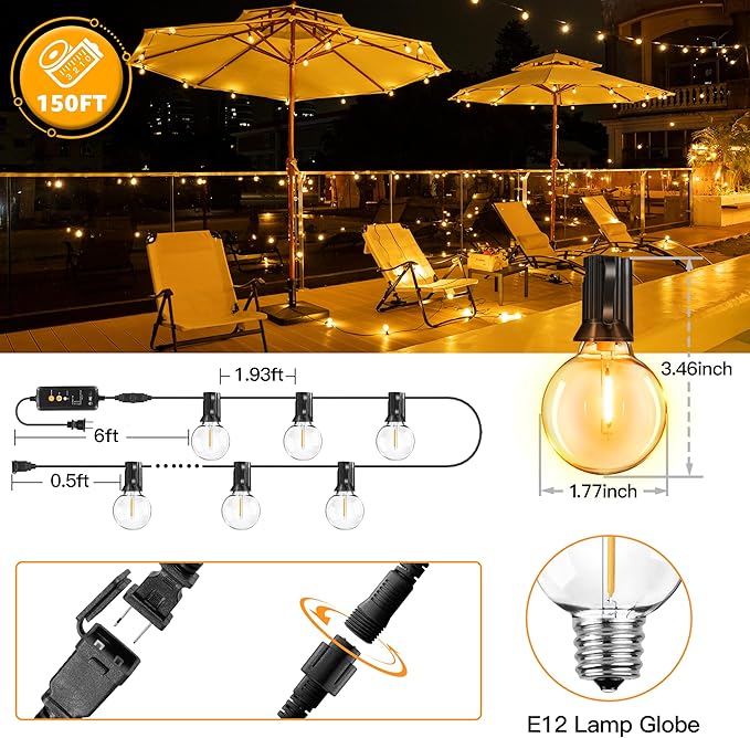 Outdoor String Lights 150FT with Remote Dimmer G40 Globe LED Patio Lights with 75 Edison Plastic Bulbs(4 Spare) Waterproof Hanging Lights for Backyard Balcony Yard Deck Garden Party