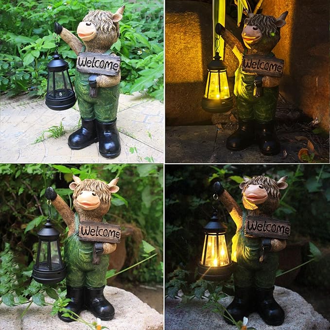 Solar Garden Decor Statues: Handmade Resin Statue with LED LightHighland Cow Figurine Outdoor Garden Decor Unique Gifts for Women Mom Grandma (Green cow1)