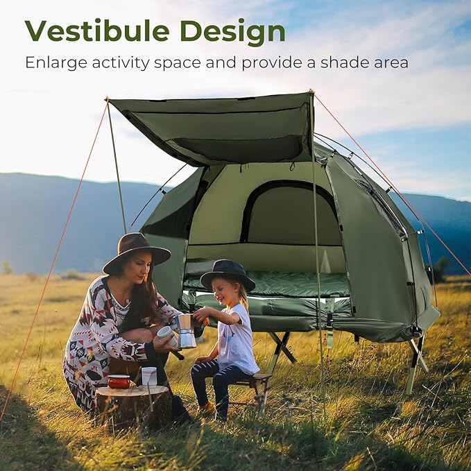 GYMAX Tent Cot 5-in-1 Folding Camping Cot with Mattress &amp Pillows Sleeping Bags Sunshade Camping Tent Elevated with Carrying Bag for Outdoor Hiking Fishing Picnic