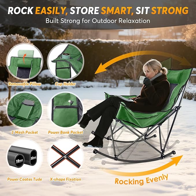 Suteck Heated Rocking Camping Chair XL Oversized Rocking Chair Outdoor with 3 Heat Levels for Back and Seat Heated Chairs Outdoor Sports for Patio Lawn Picnic Travel Power Bank（Not Included）