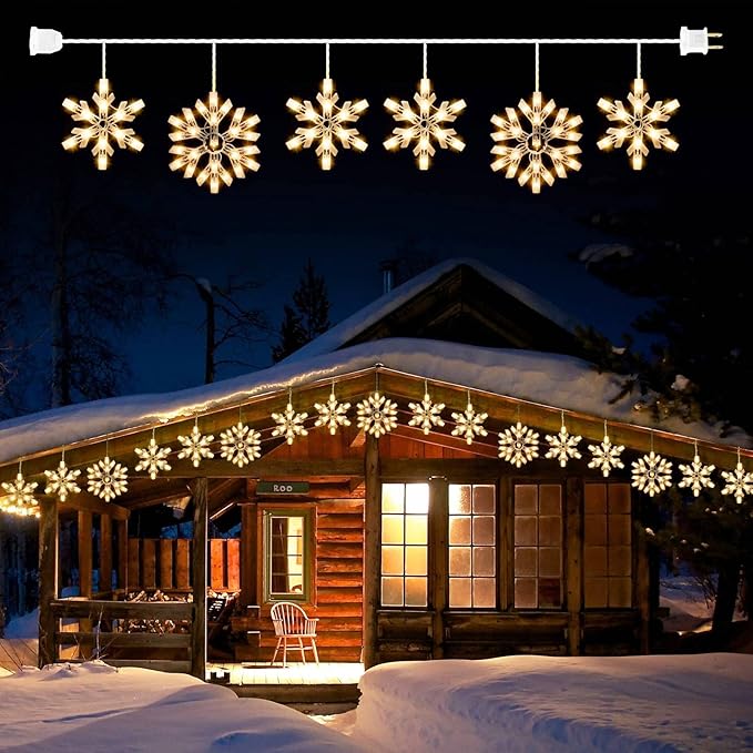 Minetom Snowflake Christmas String Lights with 6 Drops - 9ft 100 Mini Bulb Icicle Lights with Hooks Plug-in Connectable Hanging Lights for Christmas Home Indoor Outdoor Wedding Holiday Décor
