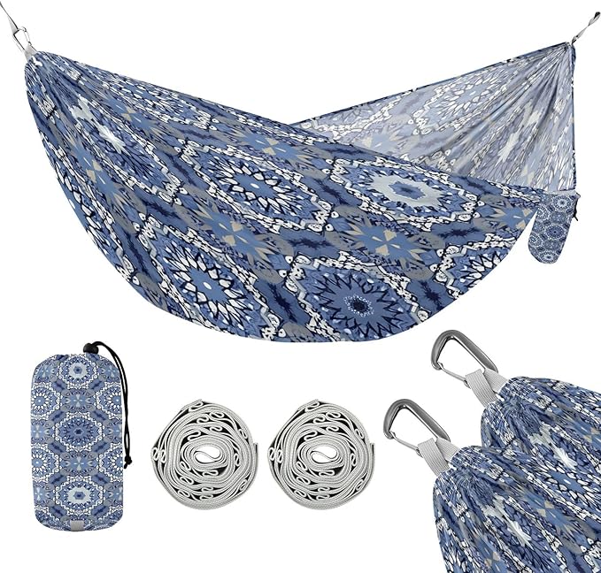 Navy Blue Tile Camping Hammock Portable Hanging Hammock with Tree Straps Up to 330lbs for Travel Outdoor Garden Patio
