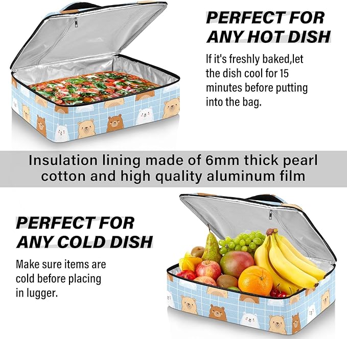 Casserole Carrier Cute Cartoon Animal BearInsulated Casserole Carrier for Hot or Cold Food Thermal Lunch Tote for Potluck Parties Picnic Beach Fits 9 x 13 Inches Baking Dish