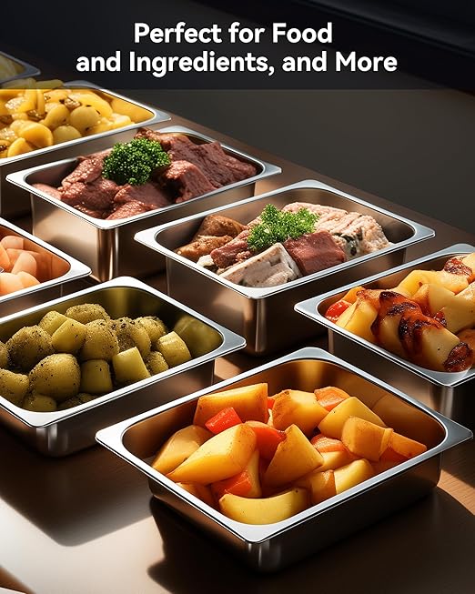 4 Pack Hotel Pans with Lids 1/2 Size 4 Deep Steam Table Pans Stainless Steel Food Pans 22 Gauge Anti Jam 12.8 L x 10.4 W Commercial Food Storage Containers