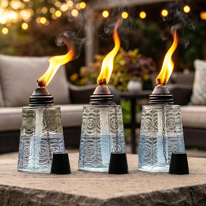 Seraphic Citronella Table Top Torches for Outdoor Patio 16oz Decorative Glass Torch Citronella Candles for Outside Deck Garden Parties Set of 3 Clear