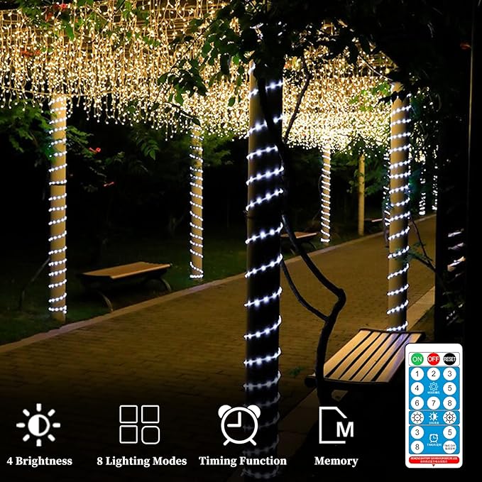 ANJAYLIA Solar Outdoor Rope Lights 66FT 200 LED Solar Powered Rope Lights Outdoor 8 Modes Timer Remote String Light Rope Solar Lights Outdoor Waterproof for Garden Decor White