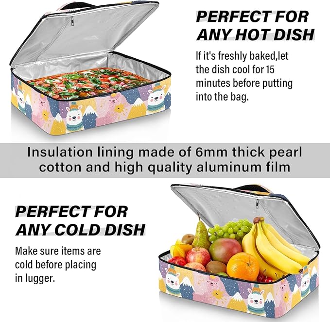 Casserole Carrier Likable Alpacas PrintInsulated Casserole Carrier for Hot or Cold Food Thermal Lunch Tote for Potluck Parties Picnic Beach Fits 9 x 13 Inches Baking Dish