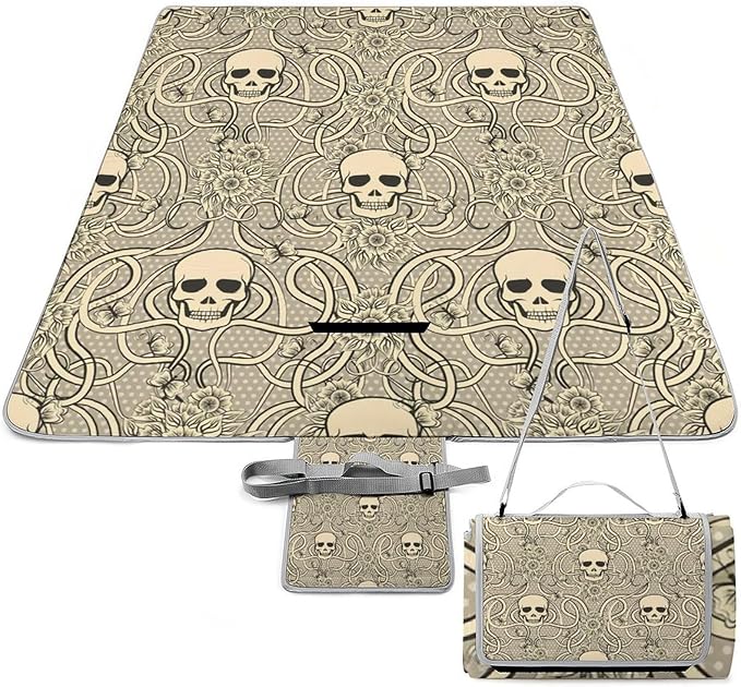 Vintage Halloween Black Victorian Gothic Skull Damask Waterproof Outdoor Picnic Blanket Sandproof Beach Mat for Camping Hiking Grass Travelling