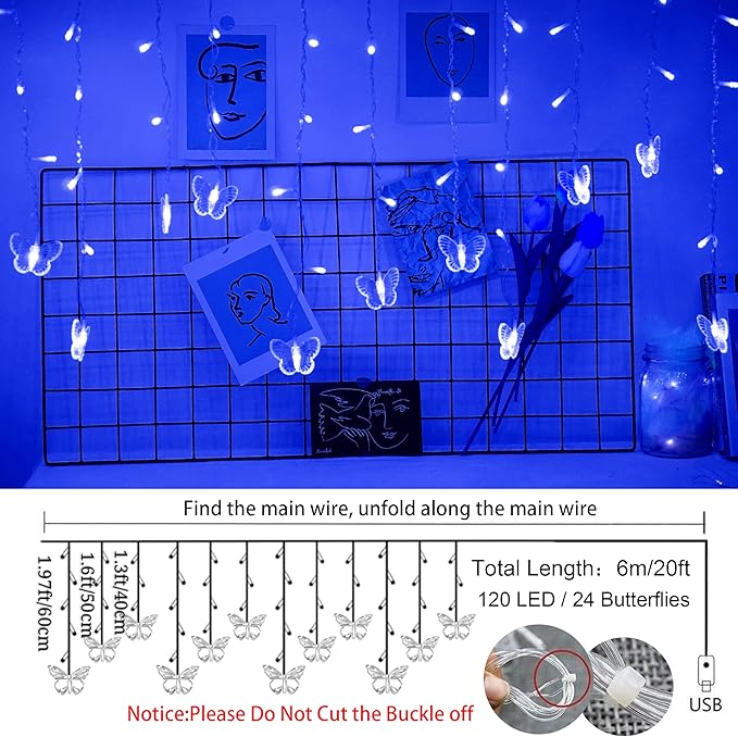 Blue Butterfly Curtain Fairy Lights USB Plug in120 LED 8 Modes 20FT Firefly Twinkle Icicle String Lights with Remote Timer Waterproof for Bedroom Christmas Wedding Party Dorm Decor
