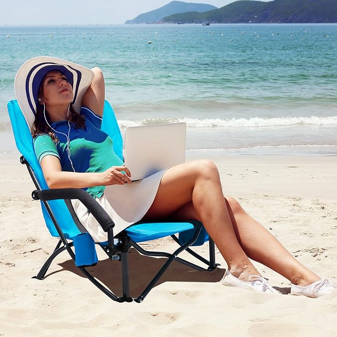 G4Free Low Sling Folding Beach Camping Chairs Compact Concert Lumbar Back Support with Carry Bag Blue
