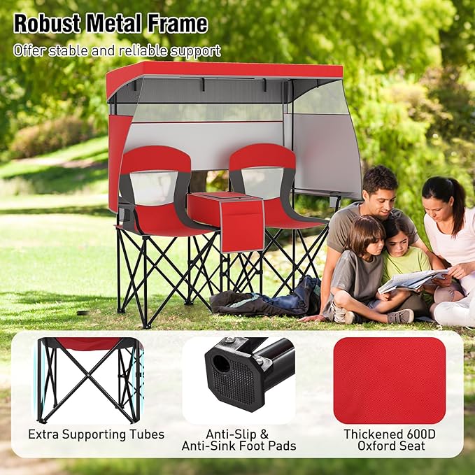 S AFSTAR Camping Chair with Canopy 2-Person Folding Beach Chair with Cup Holders 3-Side Shading Curtains &amp Cooler Bag Foldable Loveseat Lawn Chair for Camping Outdoor &amp Fishing (Red)