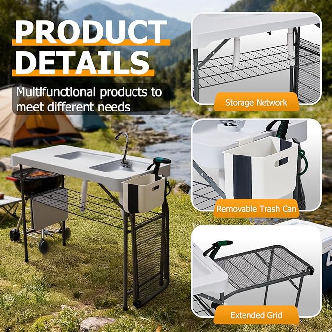 Outvita Fish Cleaning Table 42.5 HDPE Outdoor Fish Cleaning Station with Sink Extended Grid and Trash Can 360° Stainless Steel Faucet Drainage Hose Working Platform for Camping Food Handling
