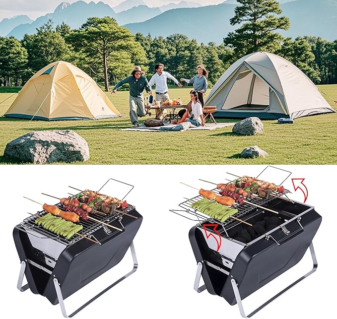 PMS Portable Camping Charcoal Grill Folding Stainless Steel Stove for Outdoor Cooking BBQ Camping Hiking Picnic Backpacking
