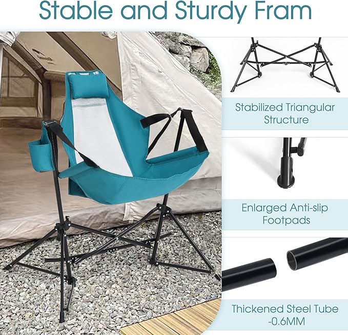 HOMEFUN Hammock Camping Chair - Portable Swinging Chairs for Adults with Stand and Storage Bag Oversized Folding Rocking for Lawn Camp Fishing Hiking Blue