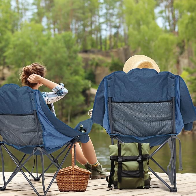 Oversized Camping Chair Portable Folding Padded Camp Chairs with Side Pocket Cup Holder Heavy Duty Support 500LBS Outdoor Lounge Chair for Adults Fishing Sports Trip Navy Blue