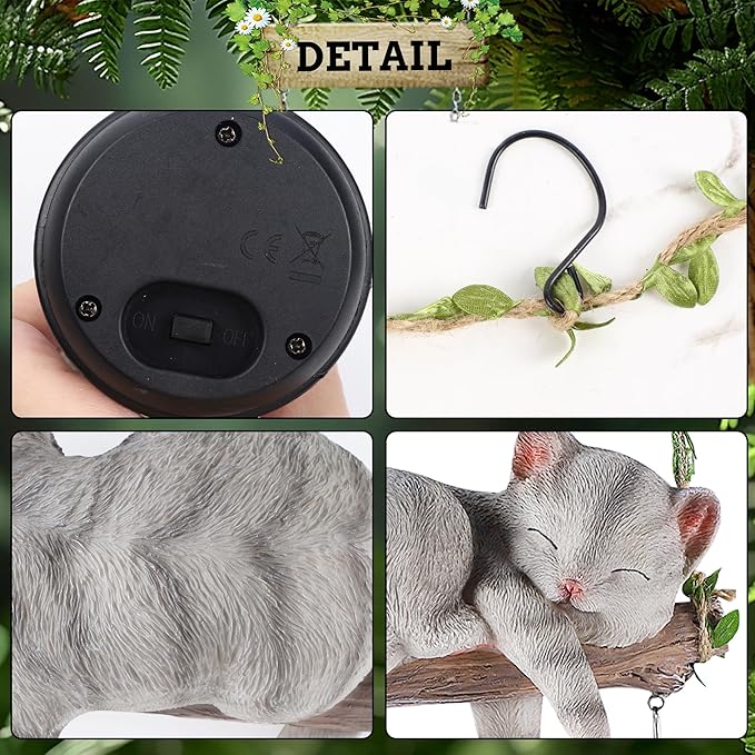 Solar Lighted Garden Outdoor Statue 22.6 H Hanging Swing Lying with A Sleeping Cat and A LED Lantern Resin Animal Figurine Hanging Ornaments with Hook for Decoration &amp Gift