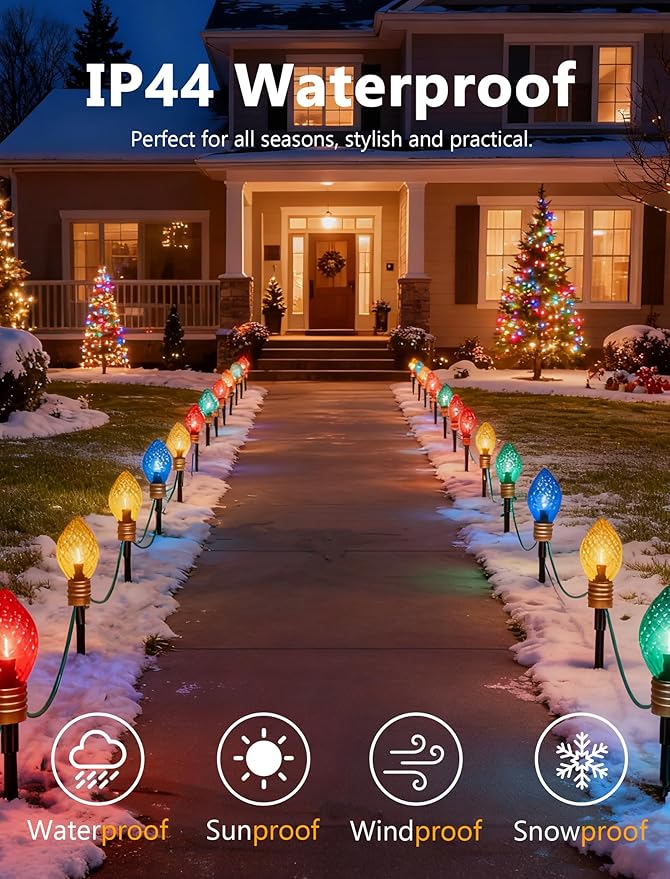 Jumbo C9 Christmas Pathway Lights Outdoor 6.5Ft C9 Giant Christmas Walkway Lights with 4 LED Strawberry Multicolor Bulbs Jumbo Yard Decoration Stakes Lights for Outside Lawn Garden Driveway Holiday