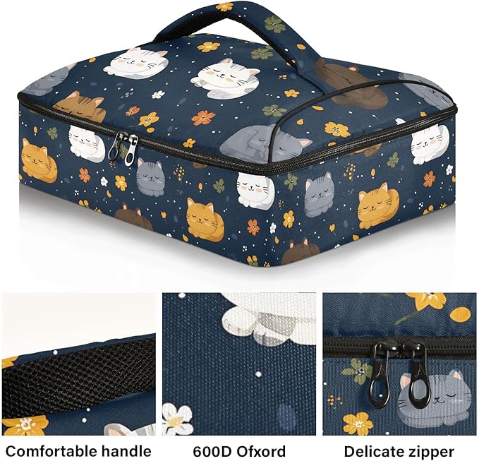 Casserole Carrier Pattern Cute Cartoon CatInsulated Casserole Carrier for Hot or Cold Food Thermal Lunch Tote for Potluck Parties Picnic Beach Fits 9 x 13 Inches Baking Dish