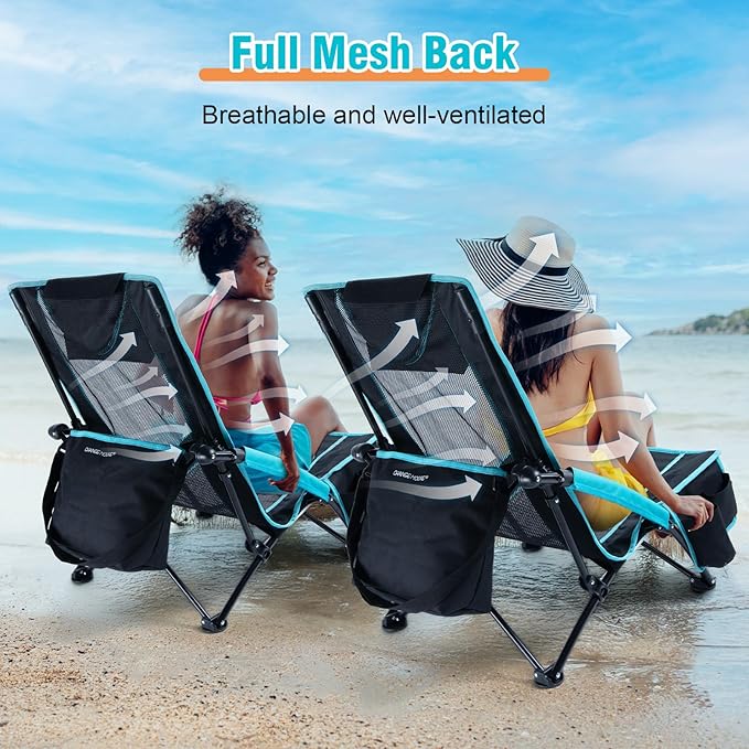 CHANGE MOORE Low Beach Chair with 2-in-1 Cooler Bag 1 Pack Support up to 300lbs Folding Beach Chairs for Adults with Cup Holder Removable Pillow &amp Carry Bag for Outdoor Sand Lawn Picnic Travel B