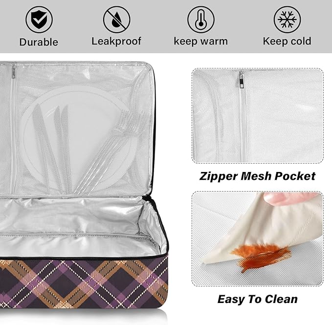 Casserole Carrier Purple Brown Tartan Plaid Pattern Insulated Casserole Carrier for Hot or Cold Food Thermal Lunch Tote for Parties Picnic Travel Carry Bag
