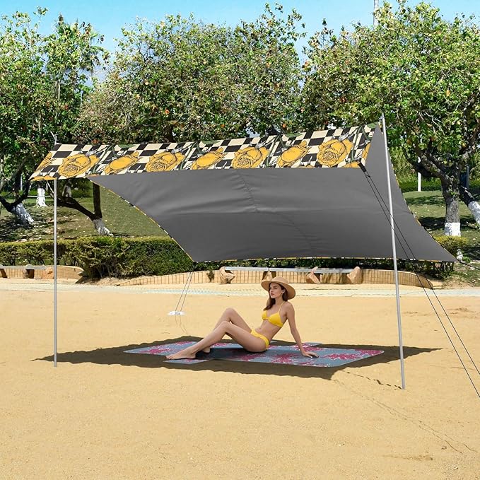 ALAZA Yellow Rose Flower Vintage Beach Tent Sun Shelter UPF50+ Protection Beach Shade Canopy w/ 4 Sandbags for Outdoor Camping Fishing Backyard Fun Picnic 10x9 ft