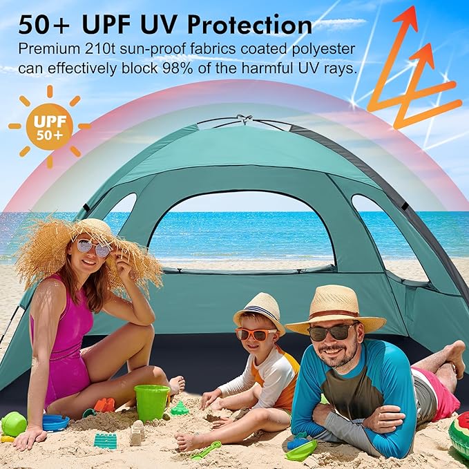 WhiteFang Beach Tent Anti-UV Portable Sun Shade Shelter for 3/4/6/8 Person Extendable Floor with 3 Ventilating Mesh Windows Plus Carrying Bag Stakes and Guy Lines