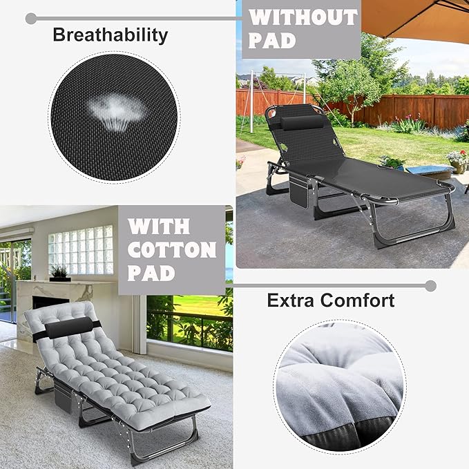 ABORON 5 Positions Camping Cots for AdultsOutdoor Folding Sleeping Cot/MatFolding Chaise Lounge Chair with PillowPortable Reclining Chair for Beach Lawn Camping PoolSunbathing Chairs