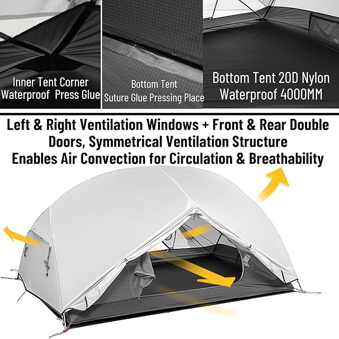 Naturehike Mongar UL Tent [2025 Upgrade] - 1-2 Person Ultralight 3 Season Camping Tent Waterproof One Person Two Person Backpacking Tent for Hiking Cycling Easy Setup