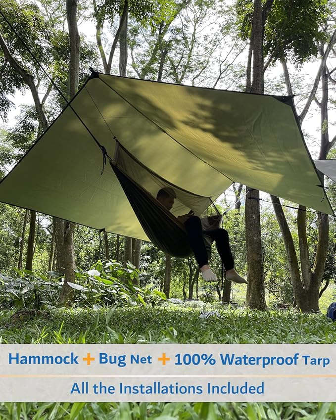 Sunyear Hammock Camping with Rain Fly Tarp and Net Portable Camping Hammock Double Tree Hammock Outdoor Indoor Backpacking Travel &amp Survival 2 Tree Straps100% Waterproof