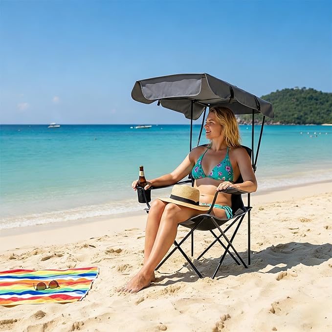 FAIR WIND Oversized Camping Chair with Canopy Beach Chair with Canopy Shade for Adults Heavy Duty 380 LBS Portable Folding Chair for Outdoor