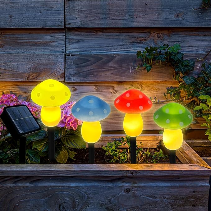 4Pcs Mushroom Solar Lights Outdoor Waterproof Fairy Houses Light Mushroom Garden Decor Decorative Solar Powered Garden Stake Lights for Outside Lawn Walkway Patio Yard (Red/Yellow/Green/Blue)