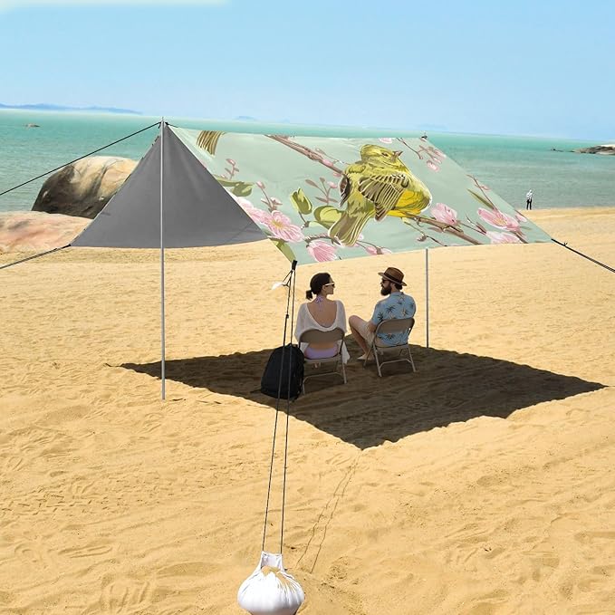 ALAZA Cherry Blossom Bird Beach Tent Sun Shelter UPF50+ Protection Beach Shade Canopy w/ 4 Sandbags for Outdoor Camping Fishing Backyard Fun Picnic 10x9 ft