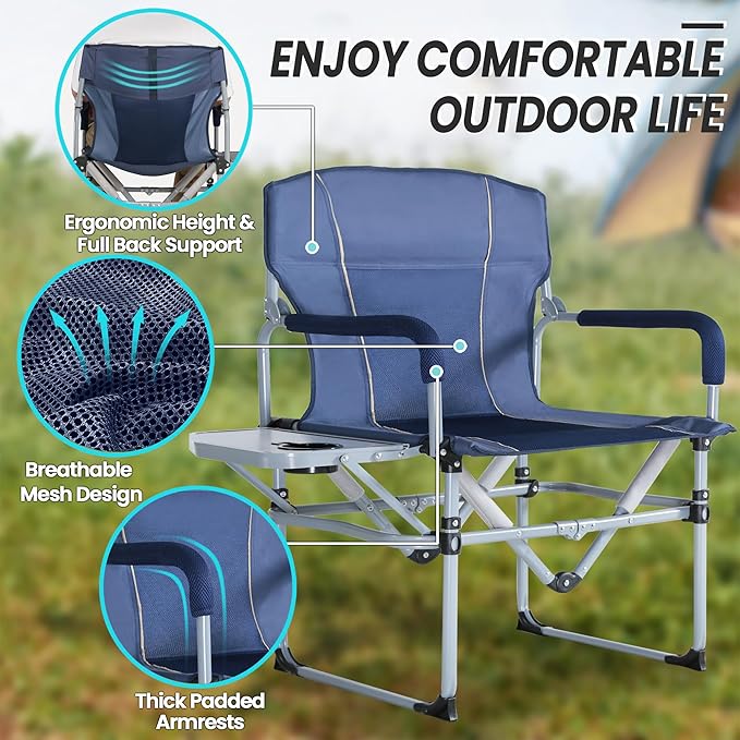 SHALLWE Oversized Director Chairs No Assembly Heavy Duty Folding Chair with Side Table for Camping Fold Up Outdoor Lawn Chairs for Adults Navy