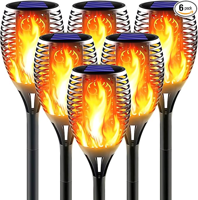 Large Solar Torch Light with Flickering Flame 6 Pack Upgraded Outdoor Decorative Solar Tiki Torches - Super Bright LED Landscape Lighting for Yard Garden Patio &amp Pathway Decor Auto On/Off