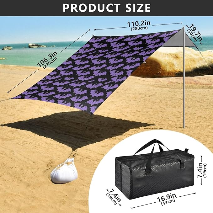 Camping Sun Shelters Halloween Purple Bat Beach Canopy 126 * 110.2in