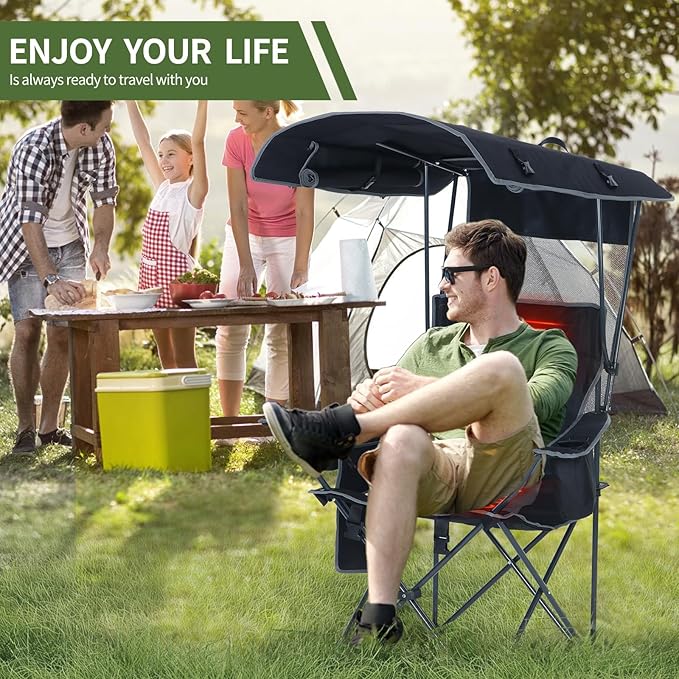 CDEN Heated Canopy Chair with Battery Heated Camping Chair with Footrest Umbrella Chairs Foldable With Detachable Footrest Cooler Bag Cup Holder Side Pocket Power Bank Included (1 Pack Black)