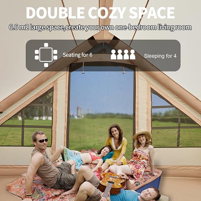 Inflatable Tents for Camping with Stove Jack 2/4/6/8 Person Easy Setup Blow Up Tents for 4 Seasons Waterproof Inflatable Camping Tent with Awning Air House Glamping Tents for Camping Adult