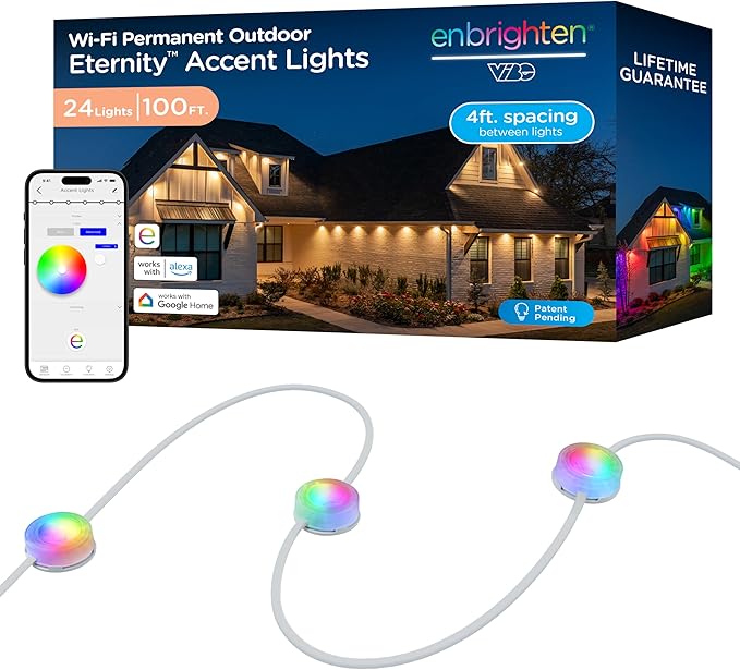 Enbrighten Vibe Eternity Accent Permanent Outdoor Lights for House 100ft 24 RGBWIC LEDs Wide Spacing 94lm Tunable White Everyday Eave Lighting Smart App Works with Alexa Google Home 85713