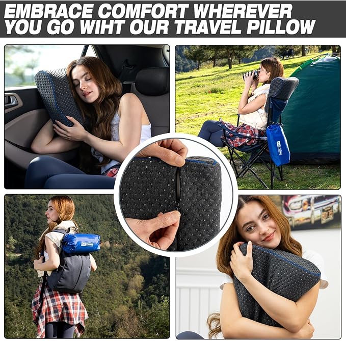 Travel &amp Camping Comfortable Memory Foam Pillow – Easy to Carry Portable Bag – Temperature Regulating Pillow Case - Perfect for Travelling (Grey Contour II)
