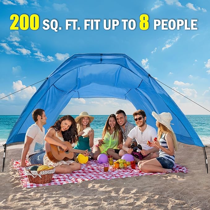 Beach Shade 200 Sq. Ft Beach Canopy for 4-8 People Portable Sun Shelter with UV Protection Lightweight &amp Easy Setup for Family Outdoor Activities (Blue)