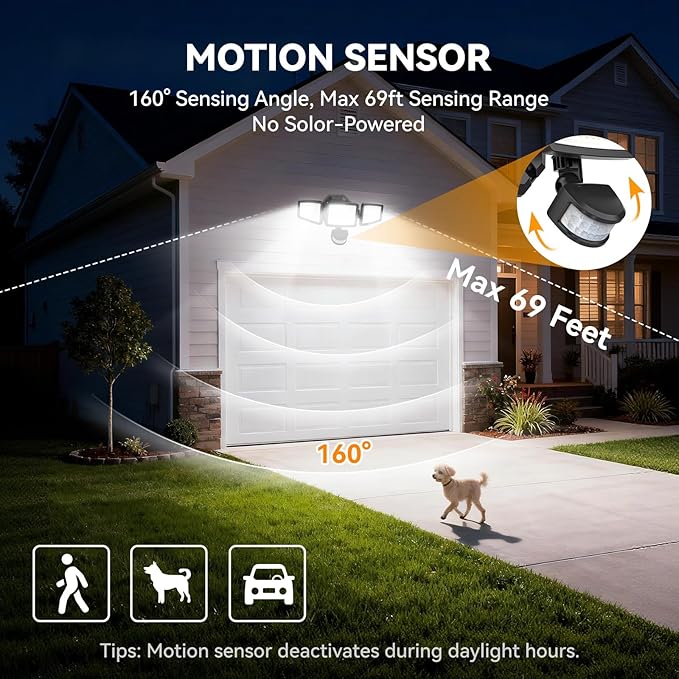 LED Security Lights Motion Sensor Light Outdoor 7000LM 6500K Waterproof Flood Light Outdoor Motion Detector with Adjustable 3 Head Hardwired Wall Light for Entryway Yard Garage