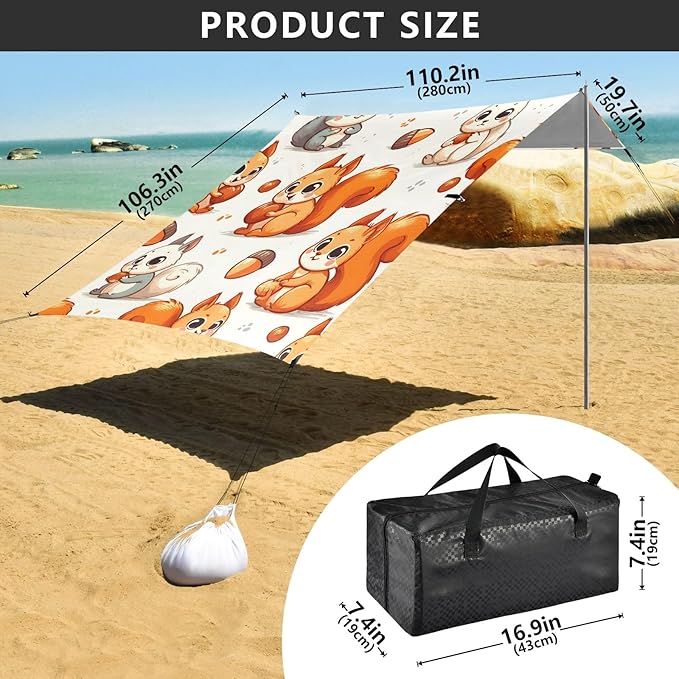 Cute Squirrel Pattern Camping Sun Shelter Beach Tent Portable Beach Sun Shade Outdoor Canopy for Camping Trips Fishing Picnic