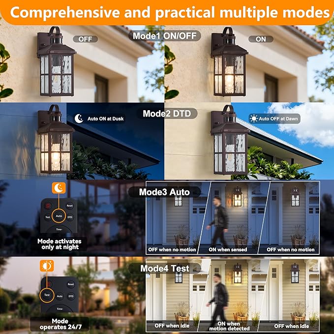 Motion Sensor Porch Lights Outdoor with Remote Dusk-to-Dawn Exterior Lighting Fixtures 4 Modes &amp Weatherproof Outdoor Wall Lights - Ideal for Porch Patio Entryway Garage