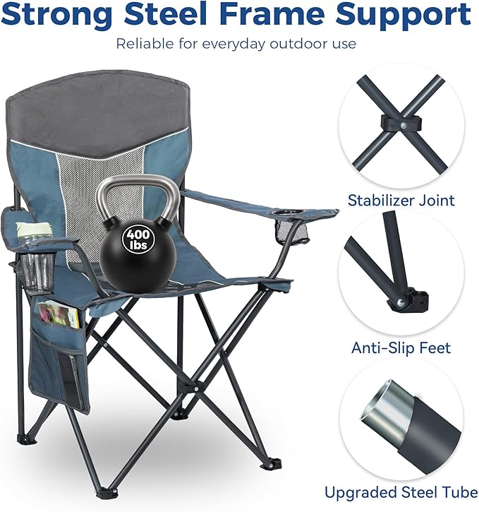 Outdoor Camping Chair 2-Pack with Mesh Back Folding Portable Lawn Chairs with Cup Holder &amp Side Storage Pocket for Camping Beach Picnic Fishing(Blue)
